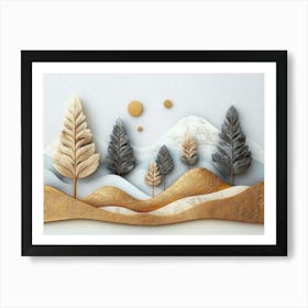 3d Jungle Landscape, Forest Christmas Tree, Marble Golden Mountain Art Print