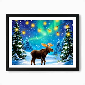 Baby Moose Wrapped In Twinkling Fairy Lights Nestled Among Snow Draped Evergreens Whimsical Festi Art Print