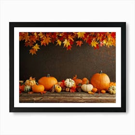 Autumn Themed Table Decoration Scattered Maple Leaves In Warm Shades Intermixed With Small Pumpkin (1) Art Print