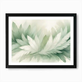 A Watercolor Style Background With Soft, Green And White Feathers Arranged In A Delicate And Ethereal Pattern Art Print