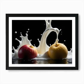 Two Red And Yellow Apples Partially Submerged In A Milk Splash, Creating A Dramatic And Dynamic Scene Art Print