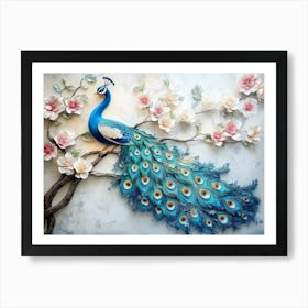 3d Artwork Background Blue Peacock on Branch Art with Flowers 1 Affiche