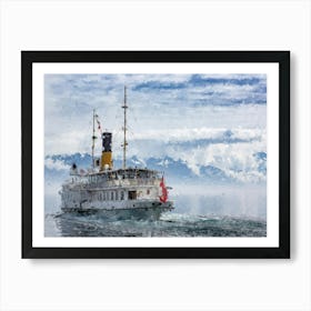 Ship In The River, Mountains, Oil Painting Art Print