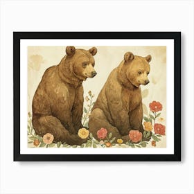 Floral Animal Illustration Brown Bear 4 Art Print