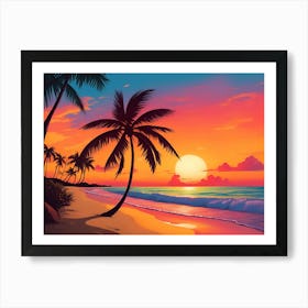 A Tranquil Beach At Sunset Horizontal Illustration 33 Art Print