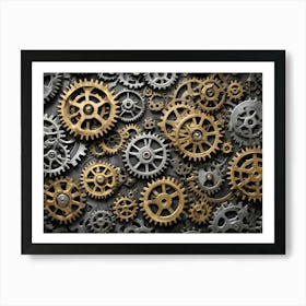 A Close Up Image Of Various Intricately Detailed Gears And Cogs, Primarily In Gold And Silver, Arranged On A Dark Gray Background Art Print