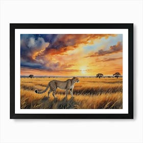 Harmony in the Grasslands Cheetah At Sunset Art Print