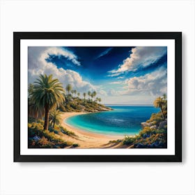 Oil painting of a mediterranean coastal landscape with a sand beach and palm trees Art Print