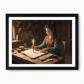 A Young Woman In Traditional Asian Clothing Sits At A Wooden Desk, Illuminated By A Candle, And Carefully Writing In A Large Book Art Print