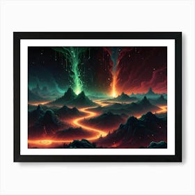 Surreal Landscape With A Glowing, Red Lava River Flowing Through Mountainous Terrain, With A Green Energy Vortex In The Sky Art Print