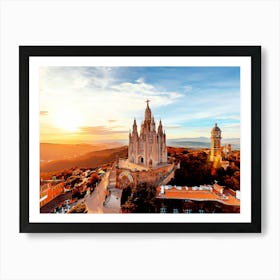 Tibidabo Mountain And Sagrat Cor Church At Sunset, Barcelona, Spain Art Print