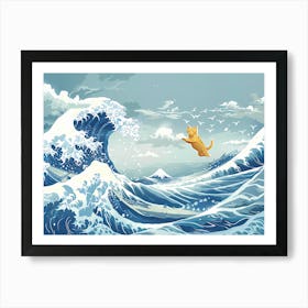 Great Wave And Jumping Cat 1 Art Print