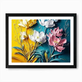 Modern Scene With A Spectacular Hyper Realistic Abstract Of Spring Flowers, Yellow, Blue, Teal Art Print