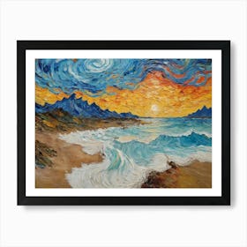 Beach Sea And Waves At Sunset Art Print