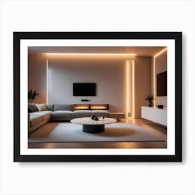 Modern Living Room Interior With A Grey Couch, A Coffee Table, A Fireplace, And A Tv Art Print