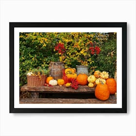 Autumnal Still Life Composition Featuring A Wooden Table Set In A Rustic Garden During The Golden Ho (6) Art Print