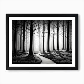 Path In The Woods, black and white art, forest landscape Art Print