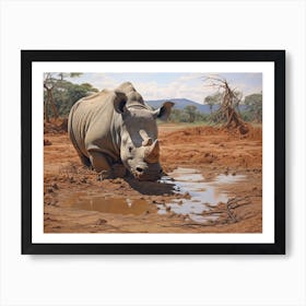 Black Rhinoceros Muddy Wallowing Realism 4 Art Print