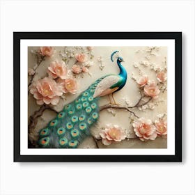 Colorful Peacock On Branch With 3d Floral Artwork Backdrop Art Print