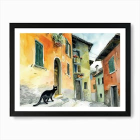Black Cat In Como, Italy, Street Art Watercolour Painting 4 Art Print