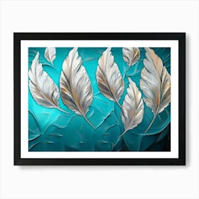 Vibrant 3d Abstract Teal Background Shimmering Silver Feathers Bold Volcanic Peaks Modern Art Print