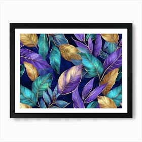 3d Tropical Colorful Leaves in Blue Green Gold Purple Art Print