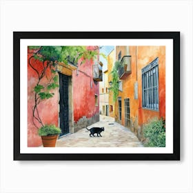 Tarragona, Spain   Cat In Street Art Watercolour Painting 3 Art Print