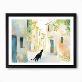 Black Cat In Taranto, Italy, Street Art Watercolour Painting 2 Art Print