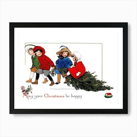 Kids With Christmas Tree Art Print