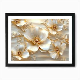 3d Flowers in Gold and Cream Colors Art Print