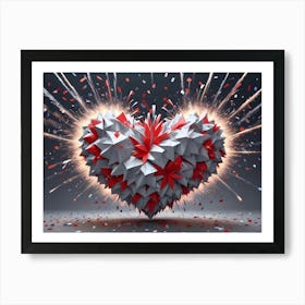 Abstract 3d Illustration Of A Heart Shape, Composed Of Sharp, Geometric Shapes And Textured With Red And White Elements Art Print