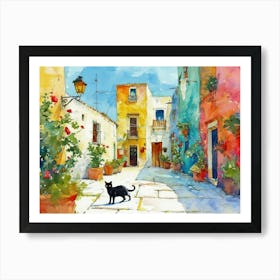 Black Cat In Brindisi, Italy, Street Art Watercolour Painting 3 Art Print