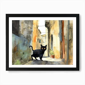 Black Cat In Catania, Italy, Street Art Watercolour Painting 3 Art Print