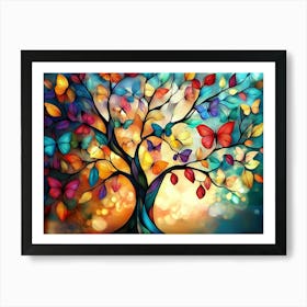 Colorful Butterfly Tree with Vibrant Leaves Hanging Branches Art Print