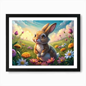 A Cute Bunny Rabbit Standing In A Field Of Colorful Wildflowers, Looking Up At The Sun Art Print