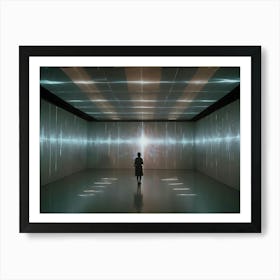 A Woman Stands In A Minimalist Room, Gazing At A Large Screen Displaying Abstract, Glowing Lines, Creating A Sense Of Wonder And Exploration Art Print