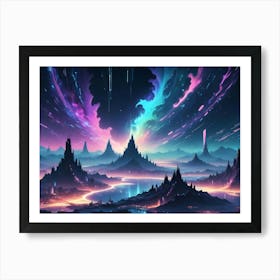 A Futuristic City Nestled Amidst Towering Mountains, Illuminated By Neon Lights, With A Swirling Aurora Borealis In The Night Sky Art Print