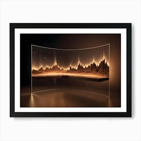 Abstract Digital Image Of A Curved Screen Displaying A Glowing Golden Landscape With Vertical Lines Of Light, Creating A Futuristic And Dramatic Atmosphere Art Print