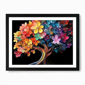 3d Tree Abstract Colorful Flower on Black Art Print