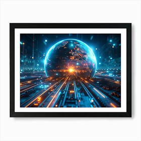 A Glowing Globe With A Circuit Board Design Surrounded By Glowing Lines, Representing The Internet And Global Connectivity Art Print