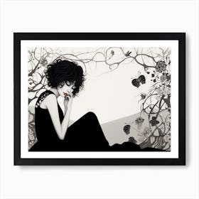 Sad Asian Gothic Girl In A Black Dress Art Print