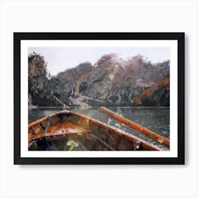 Boat River Mountains And Rocks Oil Painting Landscape Art Print