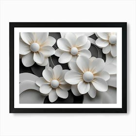 3d Look White and Black Circle with White Flowers Art Print