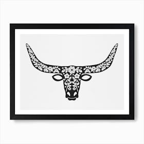 Floral Longhorn   Black Silhouette Art Print