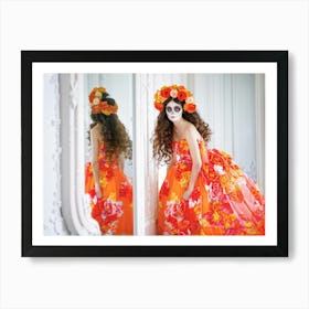 Girl With Oversized Eyes Hues Of Orange And White Adorned With A Floral Wreath Curls Cascading Ar Art Print