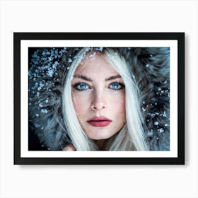 Macro Photography Style Portrait Of A Woman With Chin Length White Hair Blue Eyes Freckles Wrappe Art Print