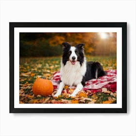 Autumnal Backdrop Transitioning Into Winter An American Border Collie Sits On A Bed Of Fallen Leave (1) Art Print