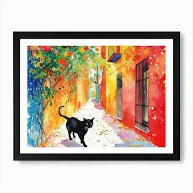 Barcelona, Spain   Black Cat In Street Art Watercolour Painting 2 Art Print