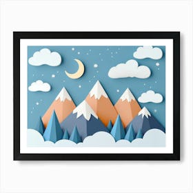 Modern Mountain Landscape with Stars, Clouds and Moon Art Print