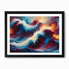 Colorful Abstract Painting Of Swirling Waves In Red, Blue, Yellow, And White Hues, Evoking A Sense Of Energy And Movement Art Print